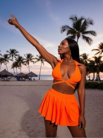2026 New 2-Piece Bikini Set: Bright Orange Halter Top, Pleated Skirt Bottom, Tropical Beach Style