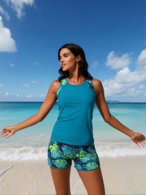 2026 New Teal Tropical Print Two-Piece Swimsuit Women's Racerback Tank Top + Matching Boyshorts for Beach Vacation, Casual & Sun Protection (Color: Blue, size: M)
