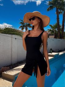 Women's Black Square Neck One-Piece with Tie-Front Skirt Cover-Up for Elegant Beach Vacation (Color: Black, size: L)