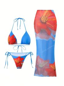 New Blue Floral Print Triangle Bikini Set with Matching Sheer Maxi Skirt, Stylish Swimwear for Beach Vacation (Color: Colorway, size: L)