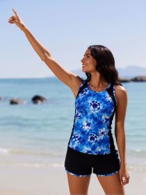 2026 New Blue & White Tie-Dye Two-Piece Swimsuit Women's Color Block Tank Top + Matching Trimmed Shorts for Beach Vacation, Casual & Slimming (Color: Blue, size: XL)