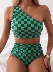 Women's Plaid Bathing Suit Checkered Print One Shoulder Ruched High Waisted Bikini Set Two Piece Swimsuit (Plaid print: xl)