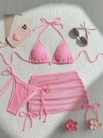 New Pink Mesh Bikini with Shell Accents and Matching Cover-Up Skirt, 3-Piece Swimwear Set for Beach (Color: Pink, size: XL)