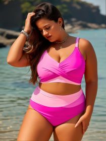 2026 New Plus Size Pink-Purple Color Block Two-Piece Swimsuit Women's Cross Twist High-Waisted Bikini Set for Beach Vacation, Sexy & Slimming (Color: Pink, size: 4XL)