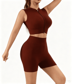 2 Piece Workout Sets for Women High Waisted Shorts Tummy Control Shorts Yoga Sports Tank (Color: Brown, size: XL)