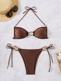 New Brown Halter Bikini with Gold Ring Details and Tie Sides, Stylish Swimwear for Beach Vacation (Color: Coffee Brown, size: L)