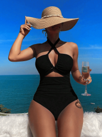 Ladies' cross pleated sexy hanging neck and exposed waist one-piece bikini swimsuit (Color: Black, size: L)